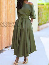 Hnewly Sexy Oblique Collar Off Shoulder Party Dress Women Fashion Elegant Temperament Solid Long